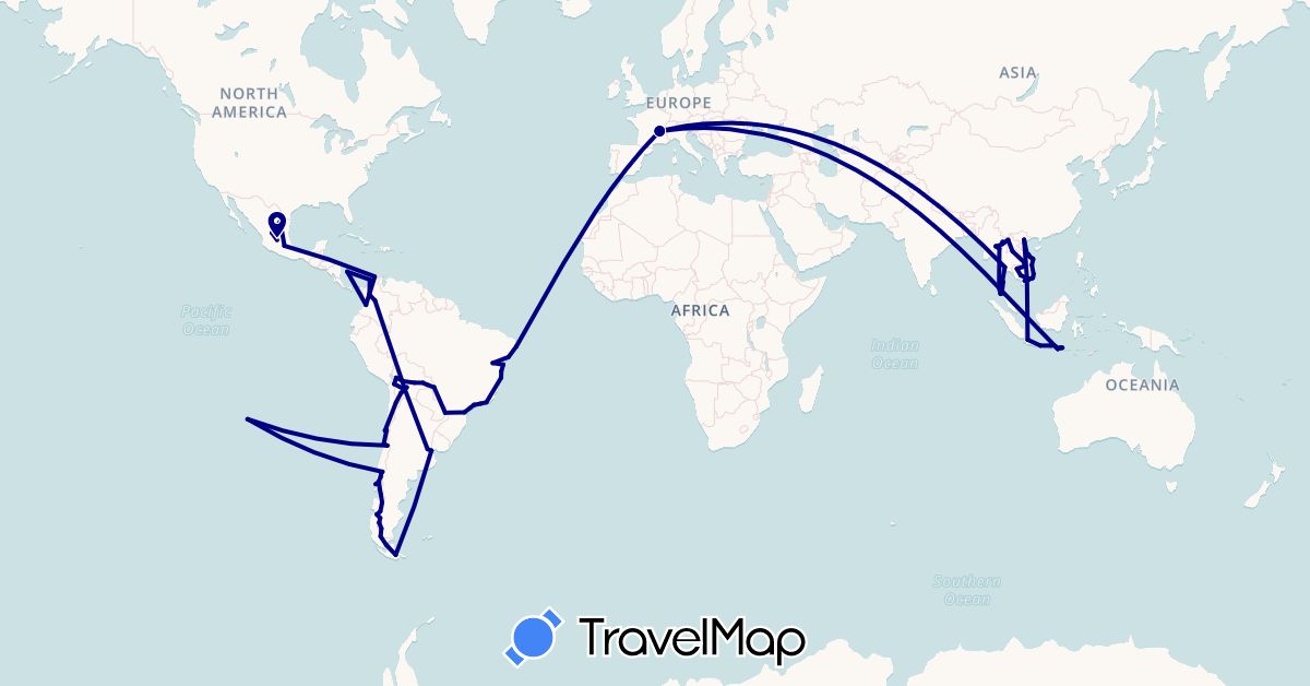 TravelMap itinerary: driving in Argentina, Bolivia, Brazil, Chile, Colombia, France, Indonesia, Cambodia, Laos, Mexico, Thailand, Vietnam (Asia, Europe, North America, South America)